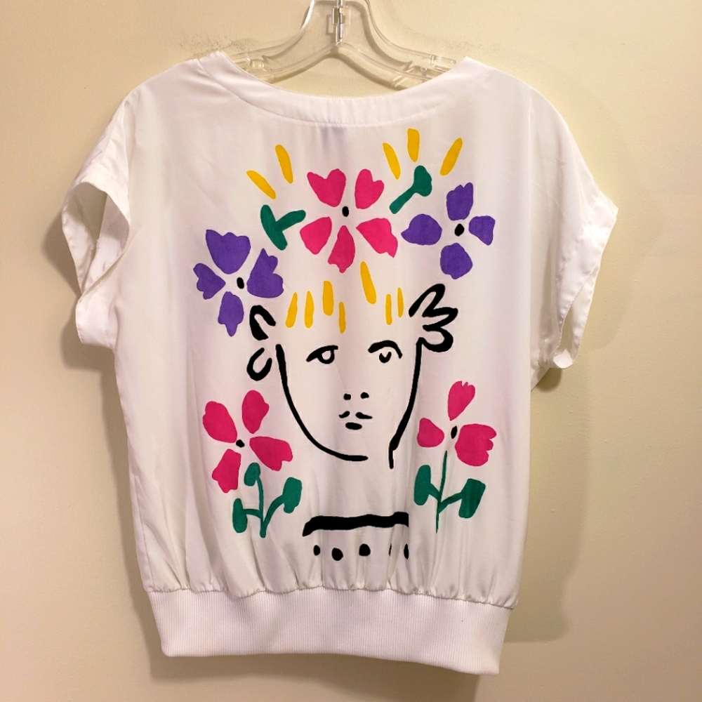 Vintage Campus‎ Casuals flower face drawing graphic cap sleeve blouse